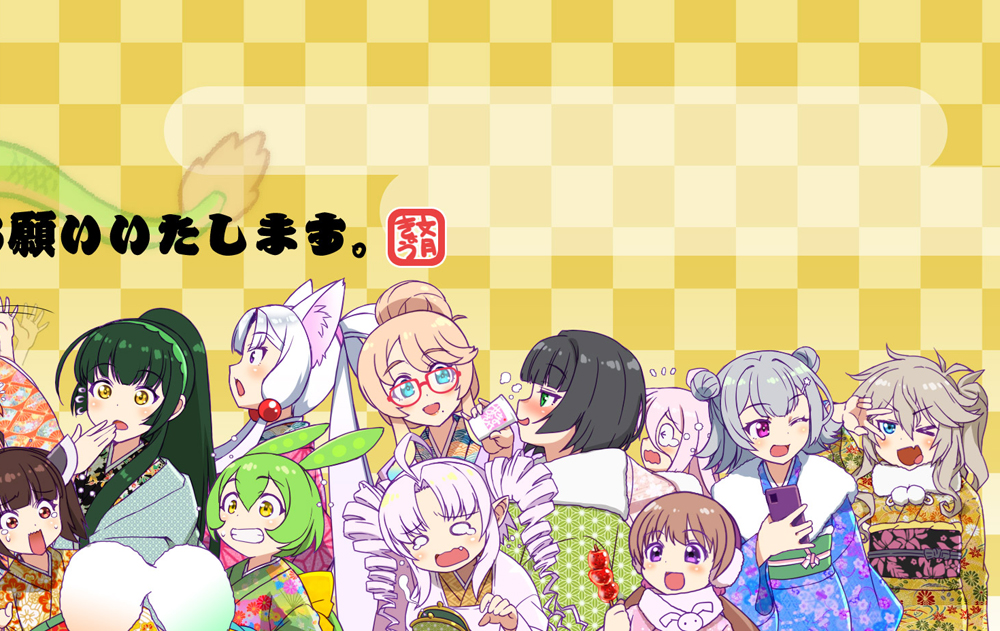 >_<, >_o, 6+girls, afterimage, ahoge, alternate_costume, apron, artist_name