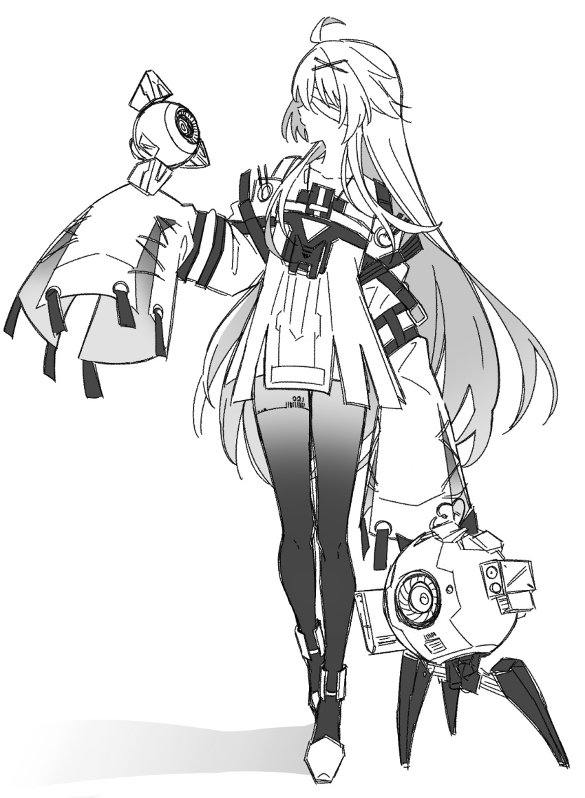 ahoge, bandage_over_one_eye, barcode, chest_protector, dress, drone, greyscale, hair_ornament