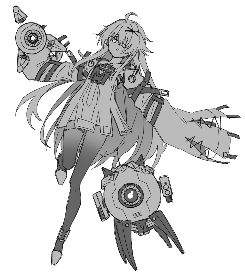 ahoge, bandage_over_one_eye, detached_sleeves, dress, drone, grey_theme, greyscale, hair_ornament