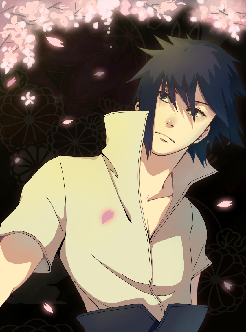 1boy, absurdres, arethusa_smile, black_background, black_eyes, black_hair, branch, brown_background