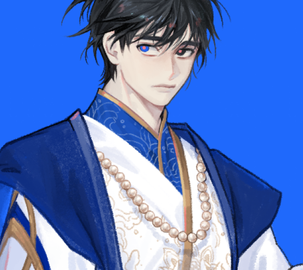 1boy, bad_id, bad_twitter_id, black_eyes, black_hair, blue_background, blue_eyes, closed_mouth