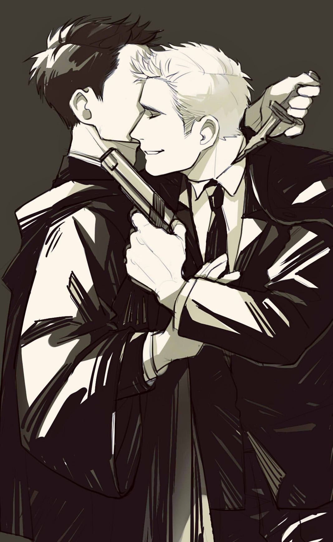 2boys, alternate_universe, animification, arethusa_smile, arm_up, avengers_(series), closed_eyes, coat