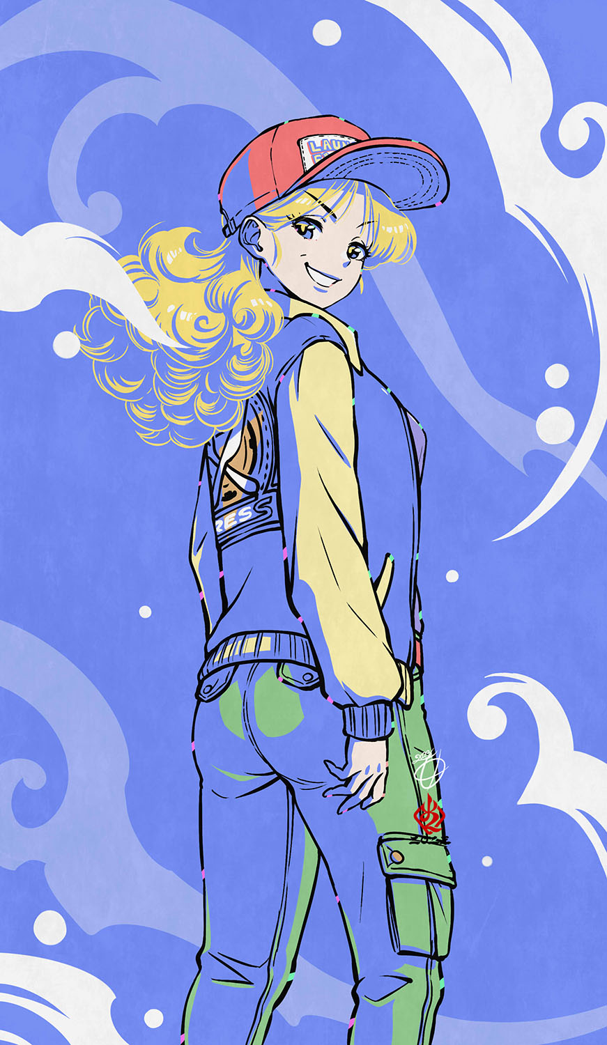 1girl, baseball_cap, blonde_hair, blue_eyes, cargo_pants, curly_hair, dragon_ball, dragon_ball_(classic)