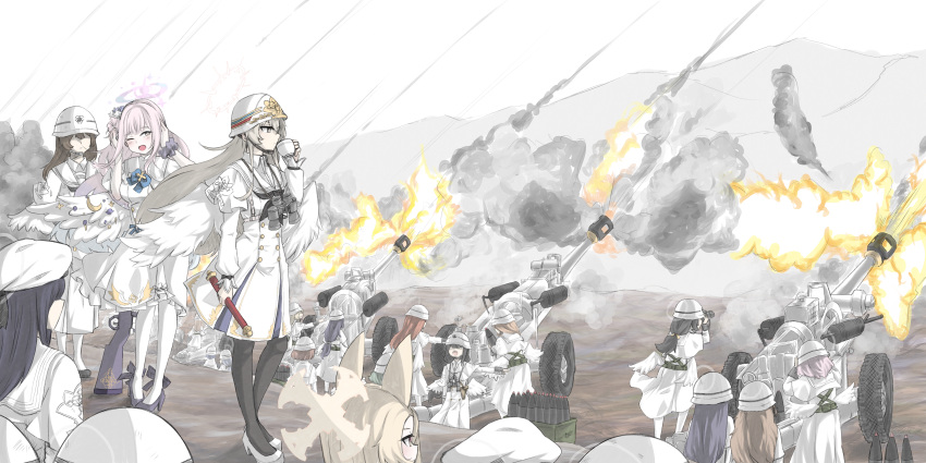 6+girls, absurdres, angel_wings, animal_ears, baton, binoculars, black_footwear, black_neckerchief