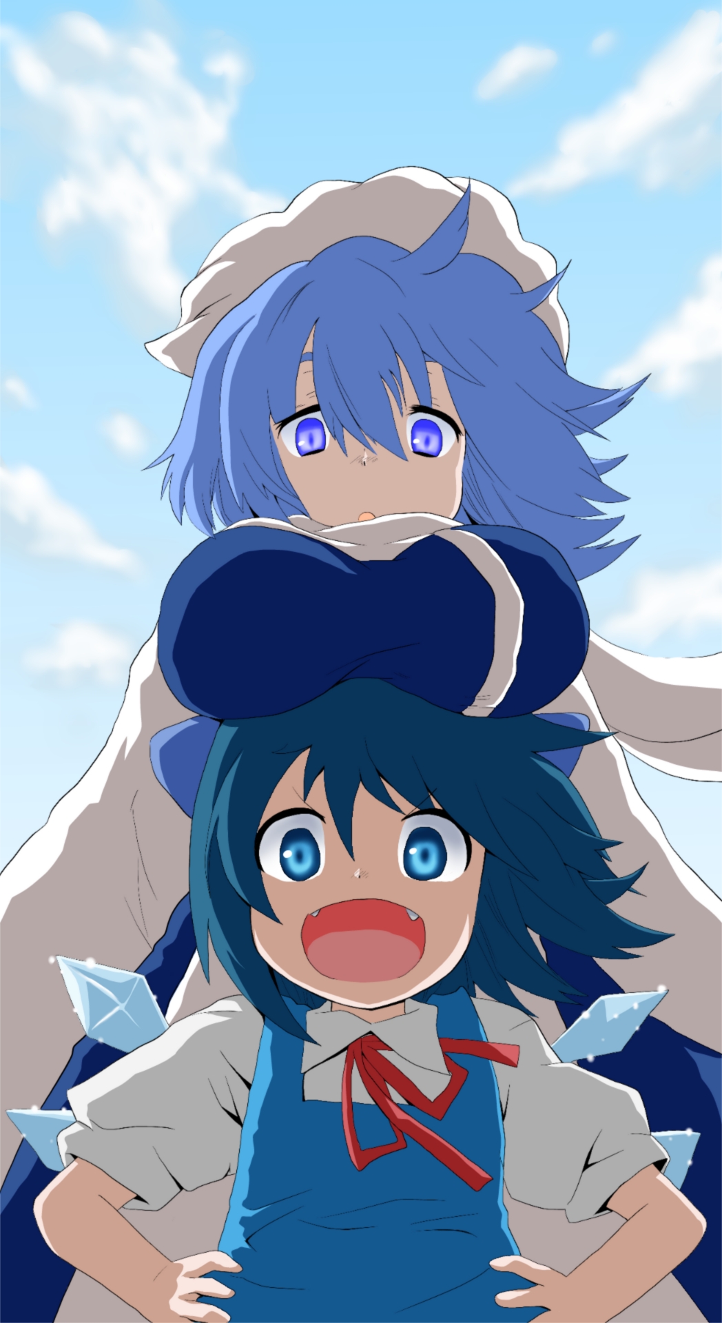 2girls, :d, :o, blue_eyes, blue_hair, bow, breast_rest, breasts