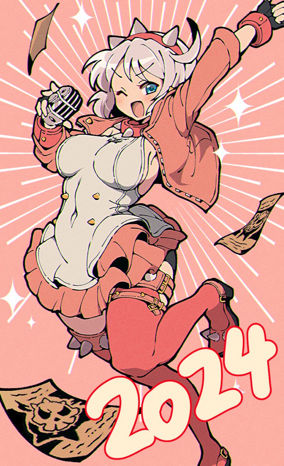 1girl, 2024, ahoge, aqua_eyes, black_gloves, blush, boots, bracelet