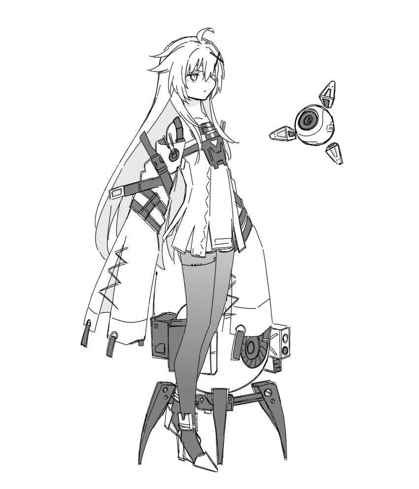 1girl, 1other, ahoge, bandage_over_one_eye, closed_mouth, dress, drone, flat_chest