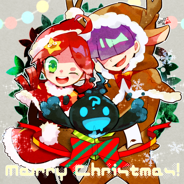 1girl, 2boys, 73_(naa), ?, andou_ringo, animal_costume, bow, dated