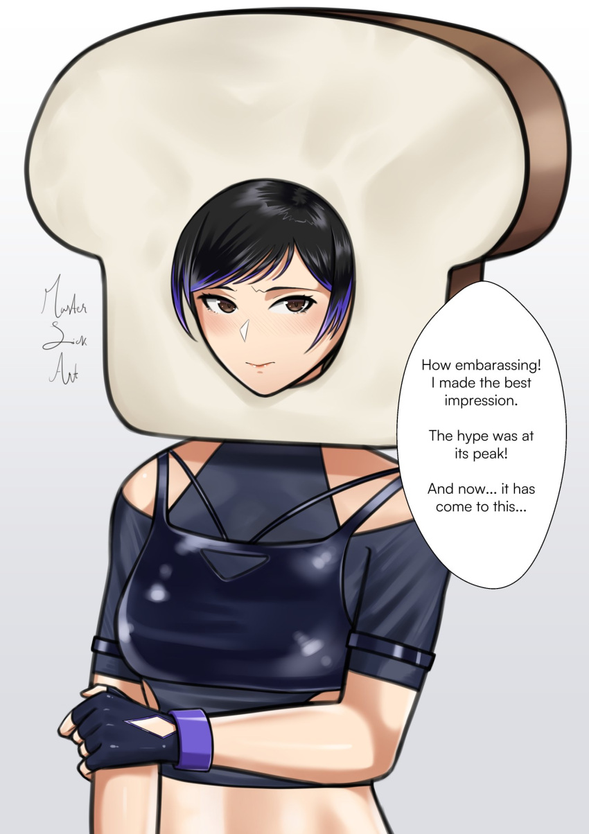 1girl, black_gloves, black_hair, blush, bread, bread_slice, breasts, colored_tips, commentary, crop_top, embarrassed, english_commentary, english_text, fingerless_gloves, food, gloves, highres, holding_own_arm, master_sick_art, medium_breasts, multi-strapped_camisole, multicolored_hair, purple_hair, reina_(tekken), short_hair, solo, speech_bubble, tekken, tekken_8, toast, what