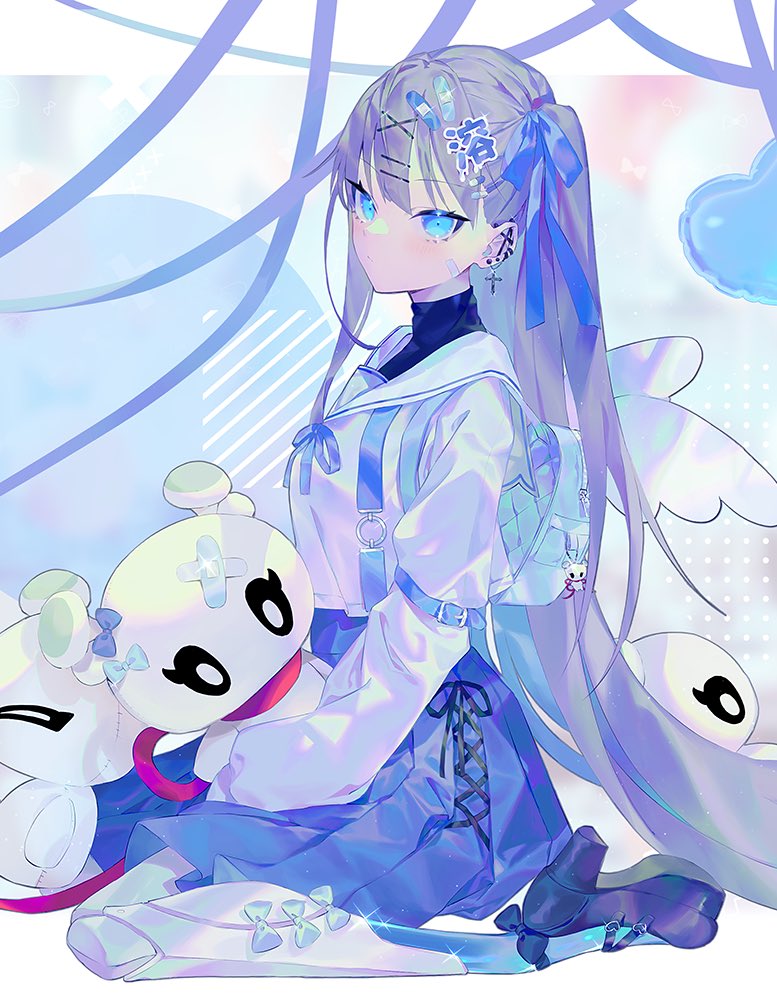 1girl, backpack, bag, blue_eyes, blue_ribbon, blue_skirt, blush, bow