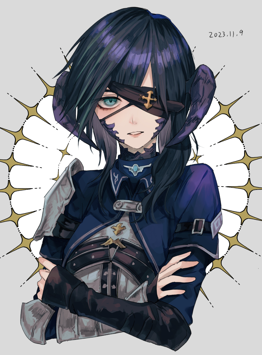 1girl, armor, asymmetrical_armor, au_ra, blue_jacket, cho_kuuki, crossed_arms, dated, dragon_horns, elbow_gloves, elbow_pads, eyepatch, feet_out_of_frame, final_fantasy, final_fantasy_xiv, gloves, green_eyes, green_hair, hair_between_eyes, horns, jacket, lips, long_hair, looking_at_viewer, scales, shirt, single_elbow_glove, single_elbow_pad, single_shoulder_pad, single_vambrace, solo, star_(symbol), upper_body, vambraces, warrior_of_light_(ff14), white_shirt