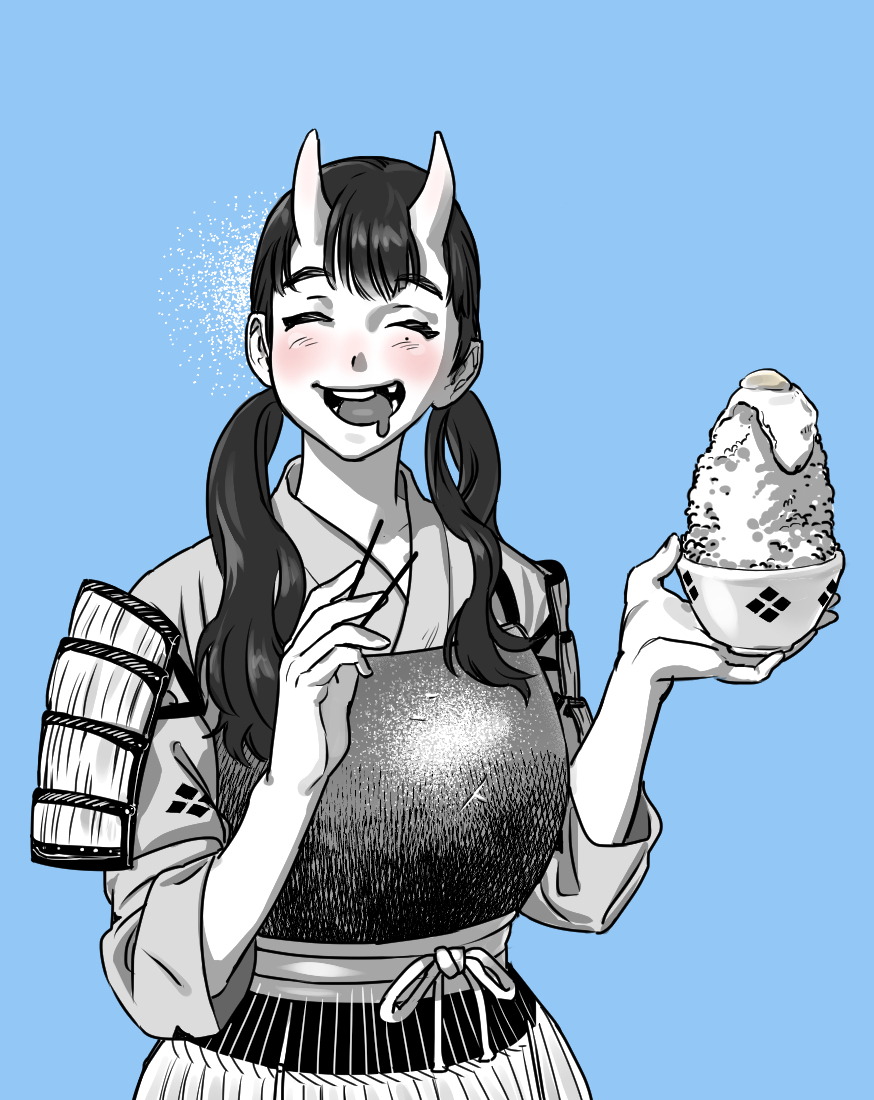 1girl, ^_^, armor, blue_background, blush, bowl, chest_guard, chipped_tooth