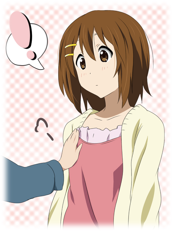 1girl, bad_id, breast_grab, breasts, brown_eyes, brown_hair, casual, face