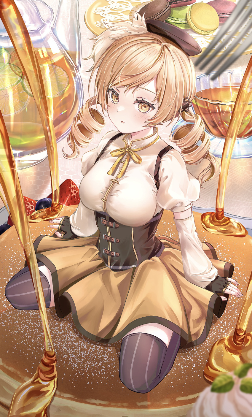 1girl, absurdres, beret, blonde_hair, breasts, brown_headwear, brown_thighhighs, detached_sleeves