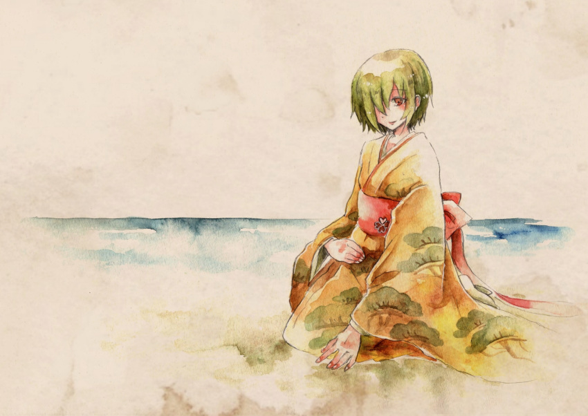1girl, beach, bow, clover, four-leaf_clover, hair_over_one_eye, highres, japanese_clothes