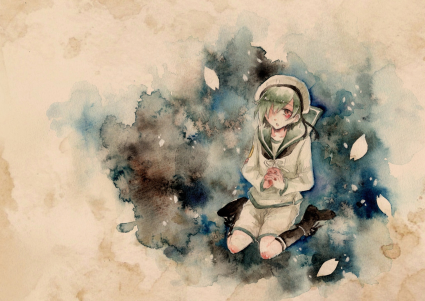 1girl, black_socks, blush, green_hair, green_sailor_collar, green_serafuku, green_shorts, hair_over_one_eye