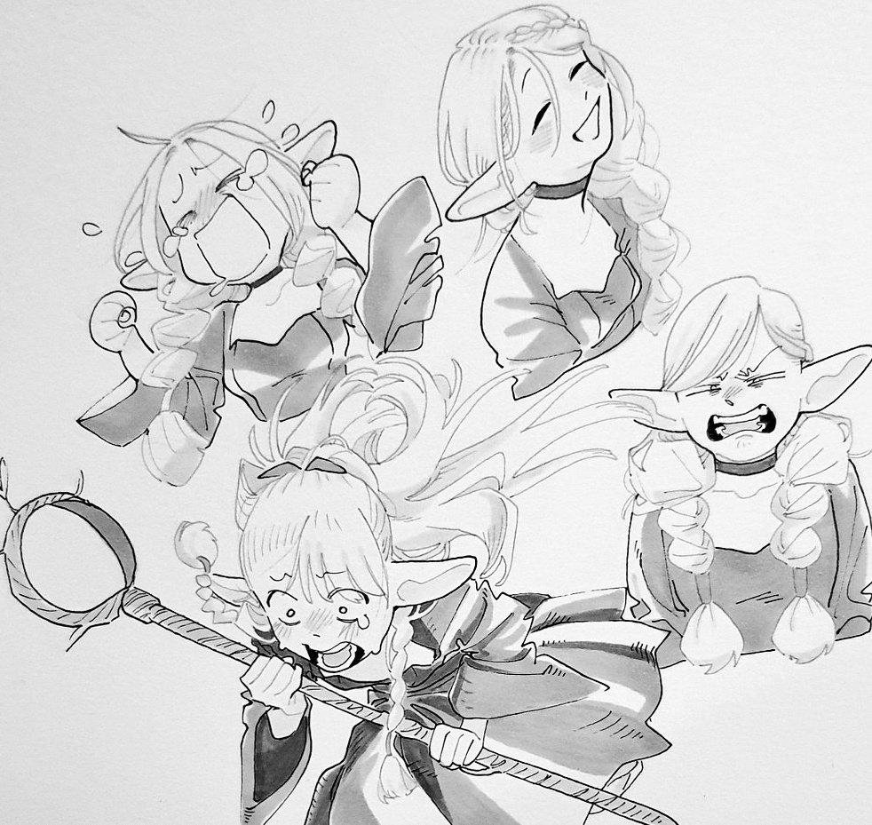 1girl, angry, braid, crying, dungeon_meshi, elf, french_braid, greyscale, holding, holding_staff, light_blush, long_sleeves, marcille_donato, monochrome, pointy_ears, ponytail, robe, samipeko, side_braid, single_braid, staff, tears, twin_braids, upper_body, white_background