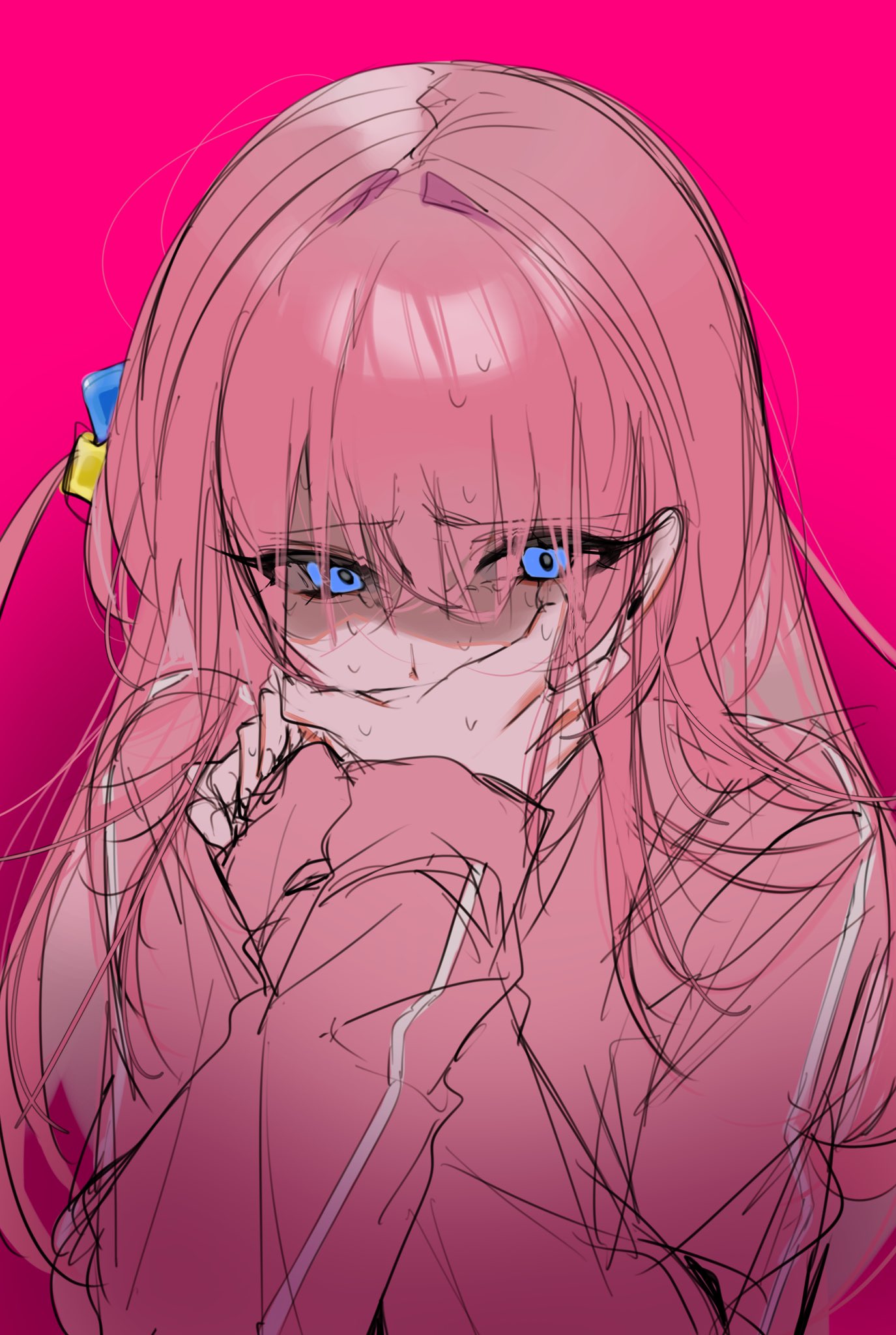 1girl, blue_eyes, bocchi_the_rock!, covering_mouth, dasui191023, gotoh_hitori, hair_between_eyes, hair_ornament