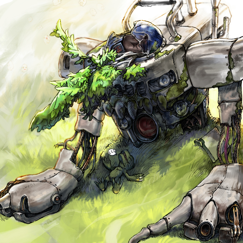absurdres, agumon, cable, closed_eyes, crack, digimon, digimon_(creature), dinosaur, grass, highres, level-00, lying, mechanorimon, moss, nature, no_humans, on_back, open_mouth, overgrown, robot, shadow, sharp_teeth, sleeping, speech_bubble, spoken_zzz, teeth, zzz