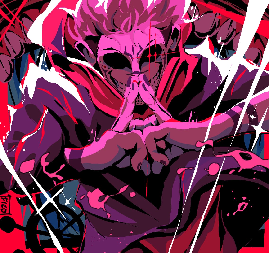 1boy, andoryu, arm_markings, artist_logo, glowing, glowing_eyes, grin, hand_gesture