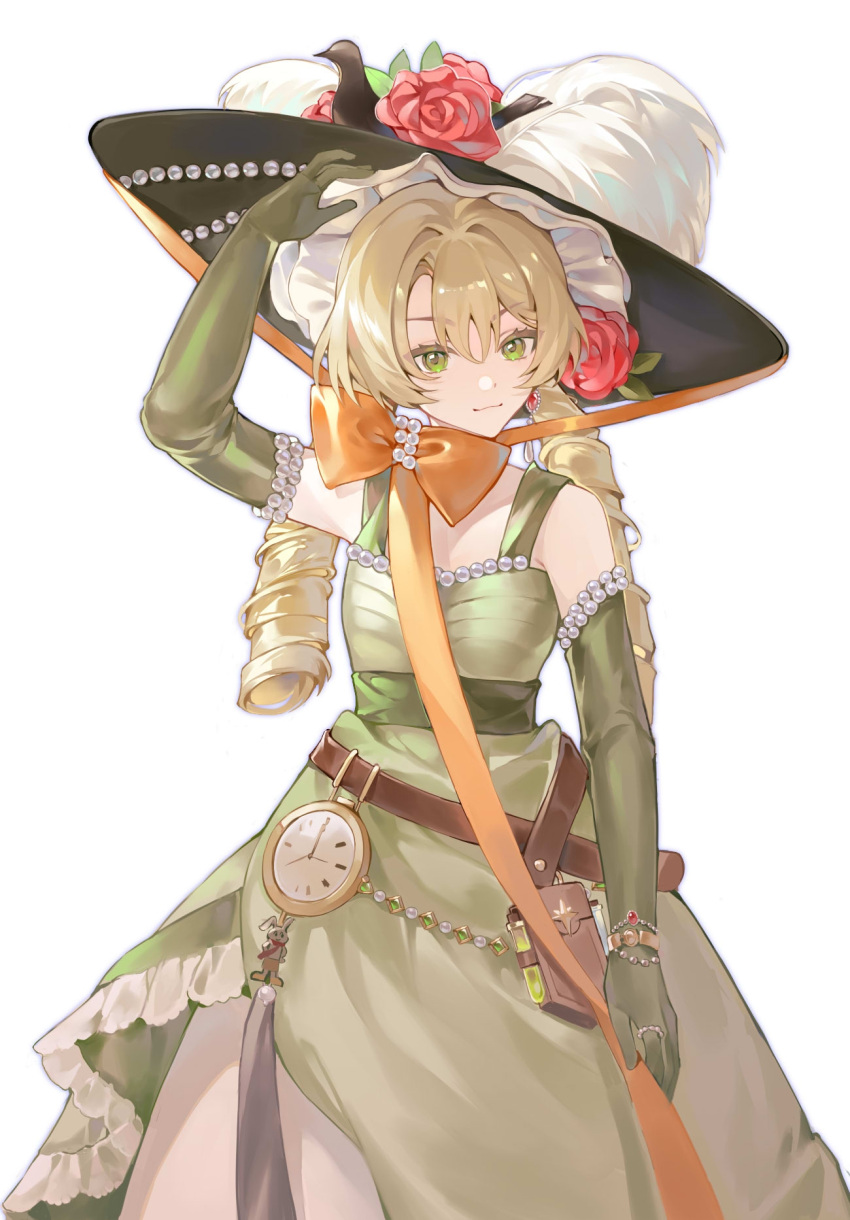 1girl, adjusting_clothes, adjusting_headwear, arm_up, belt_pouch, black_headwear, blonde_hair, bow
