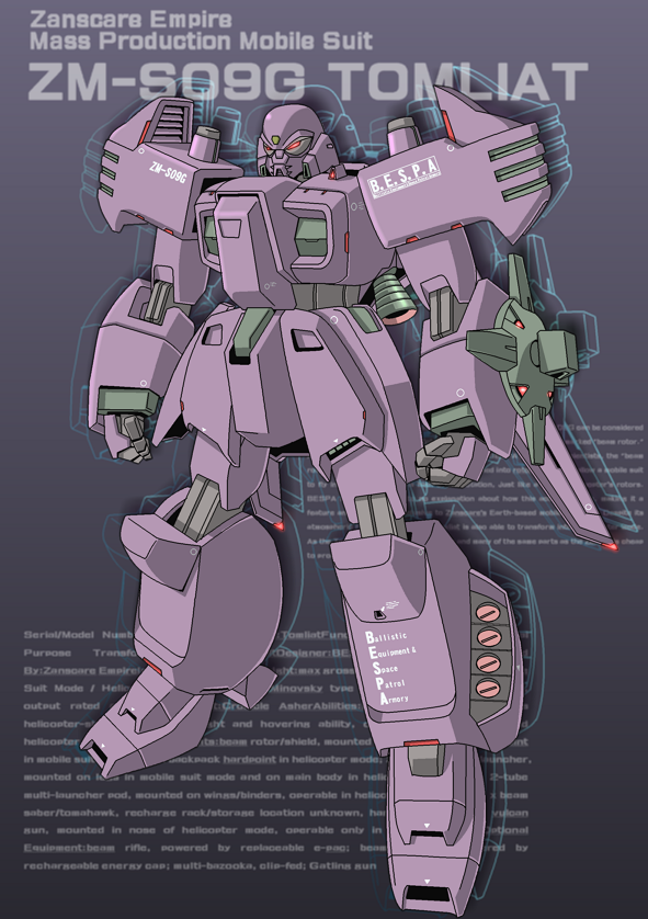 beam_shield, character_name, commentary_request, concept_art, emblem, english_text, gundam, joy_(cyber_x_heaven), mecha, mecha_focus, missile_pod, mobile_suit, no_humans, red_eyes, robot, roundel, science_fiction, thrusters, tomliat_(mecha), victory_gundam, zanscare