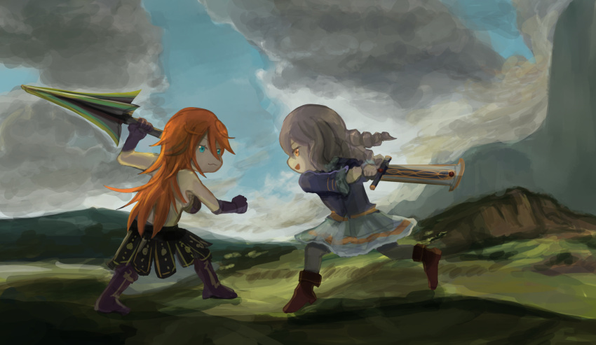 2girls, battle, bianka_durandal_ataegina, blue_eyes, boots, clouds, commentary_request, duel