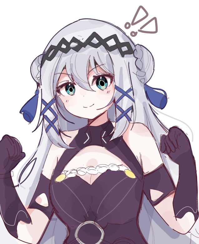 !, !!, 1girl, aqua_eyes, black_gloves, blush, clenched_hands, double_bun, gloves, grey_hair, hair_between_eyes, hair_bun, hair_ornament, hoshi_(fuen_zzz), long_hair, nijisanji, nijisanji_en, simple_background, smile, solo, very_long_hair, victoria_brightshield, virtual_youtuber, white_background, x_hair_ornament
