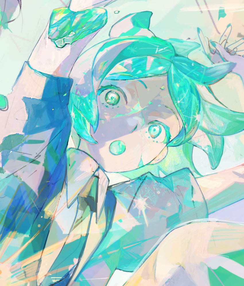 1other, amputee, androgynous, bio_l_oid, blue_eyes, blue_nails, close-up, colored_eyelashes, commentary, floating_hair, highres, houseki_no_kuni, necktie, open_mouth, other_focus, phosphophyllite, shirt, short_hair, solo