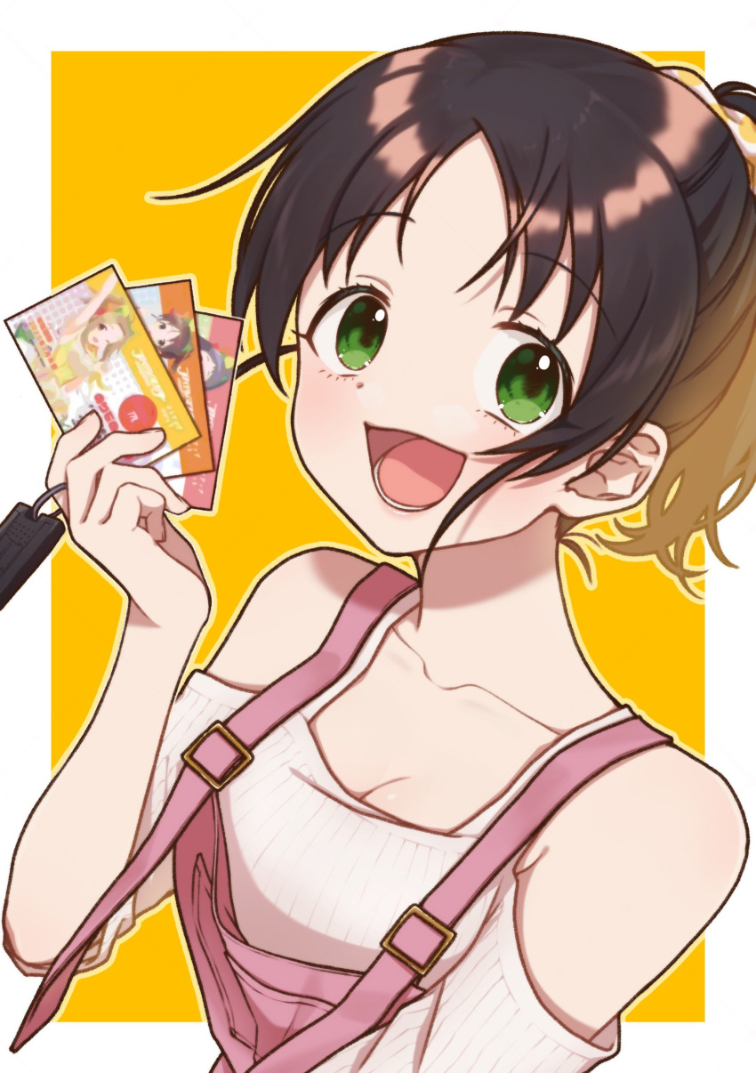 absurdres, bare_shoulders, black_hair, border, car_keys, derivative_work, green_eyes, harada_miyo