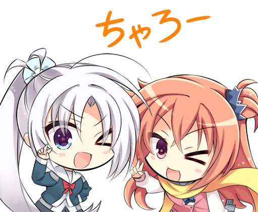 >_o, 2girls, ;d, blue_eyes, blush_stickers, charo_(meme), chibi, commentary_request
