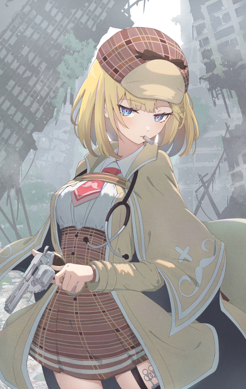 1girl, blonde_hair, blue_eyes, bob_cut, breasts, brown_skirt, building, chahanramen