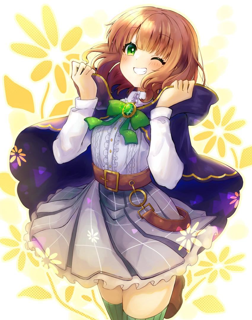 1girl, ;d, absurdres, belt, blush, borrowed_character, bow, brown_belt