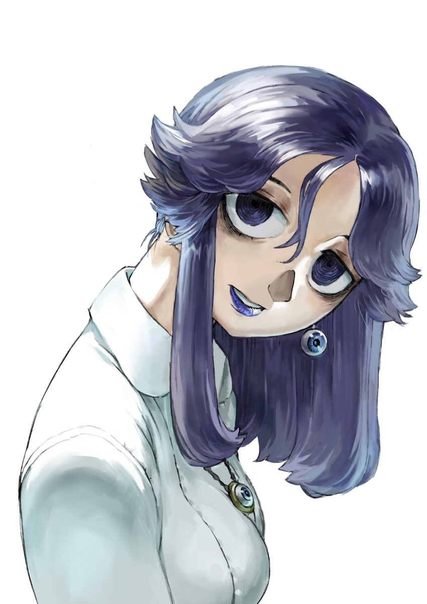 1girl, absurdres, bags_under_eyes, blue_eyes, blue_hair, blue_lips, breasts, collared_shirt
