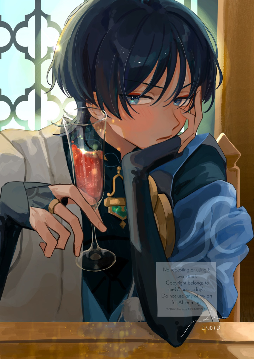 1boy, black_bridal_gauntlets, blue_eyes, blue_hair, blush, bridal_gauntlets, closed_mouth, cocktail_glass, cup, drinking_glass, drunk, eyeliner, genshin_impact, head_rest, highres, holding, holding_cup, inoi_today, japanese_clothes, makeup, male_focus, red_eyeliner, scaramouche_(genshin_impact), solo, twitter_username, unworn_headwear, wanderer_(genshin_impact)