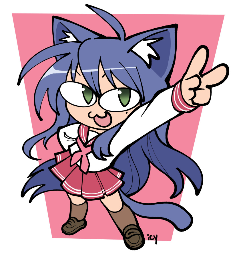1girl, absurdres, ahoge, animal_ear_fluff, animal_ears, blue_hair, cat_ears, cat_girl, cat_tail, green_eyes, highres, iseenudepeople, izumi_konata, long_hair, lucky_star, mole, mole_under_eye, neckerchief, neco-arc, pink_background, ribbon, ryouou_school_uniform, school_uniform, serafuku, skirt, solo, tail, tsukihime, v, white_background