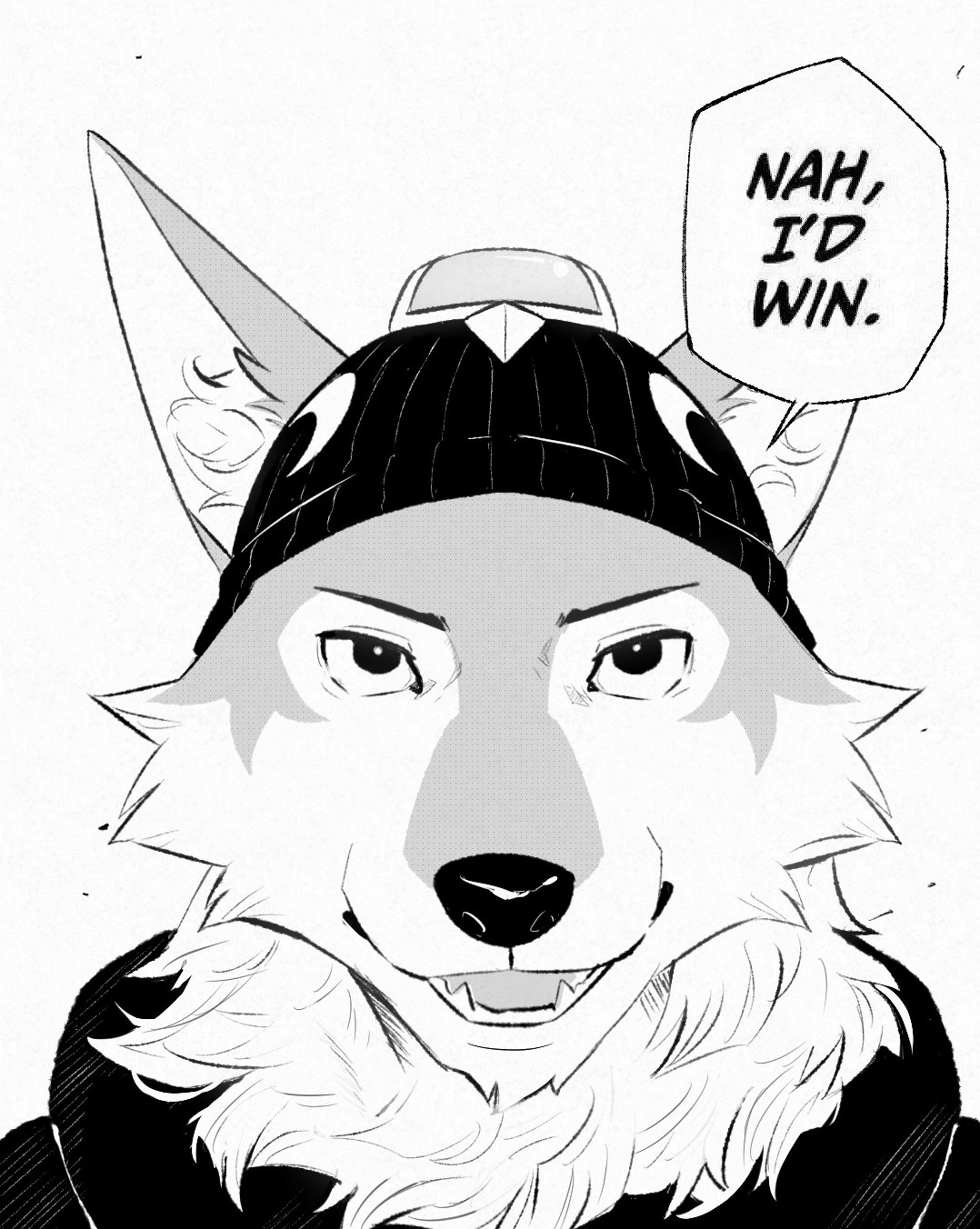 black_eyes, fortnite, furry, furry_male, highres, kou_(ixkouu), looking_at_viewer, meme, monochrome, nah_i'd_win_(meme), smile, speech_bubble, talking, wendell_(fortnite), wolf_boy