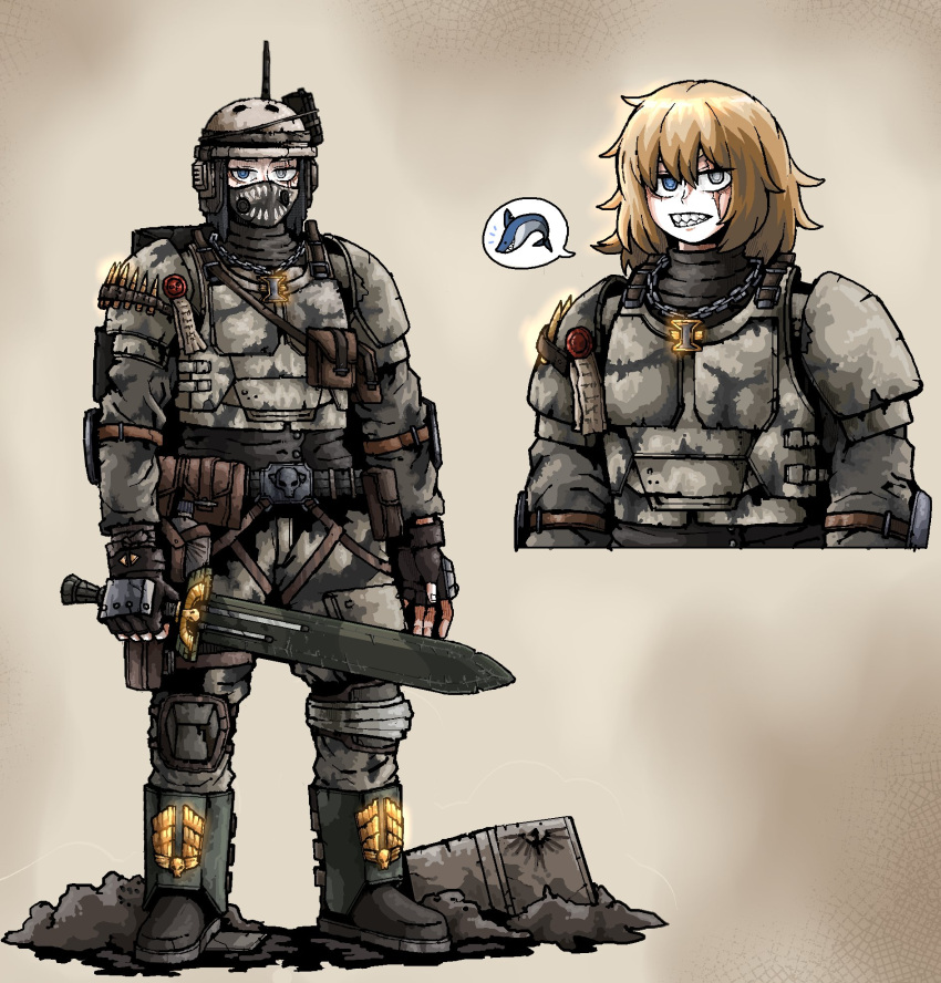 1girl, ammunition_pouch, astra_militarum, bandana, bandana_over_mouth, belt, blonde_hair, blue_eyes