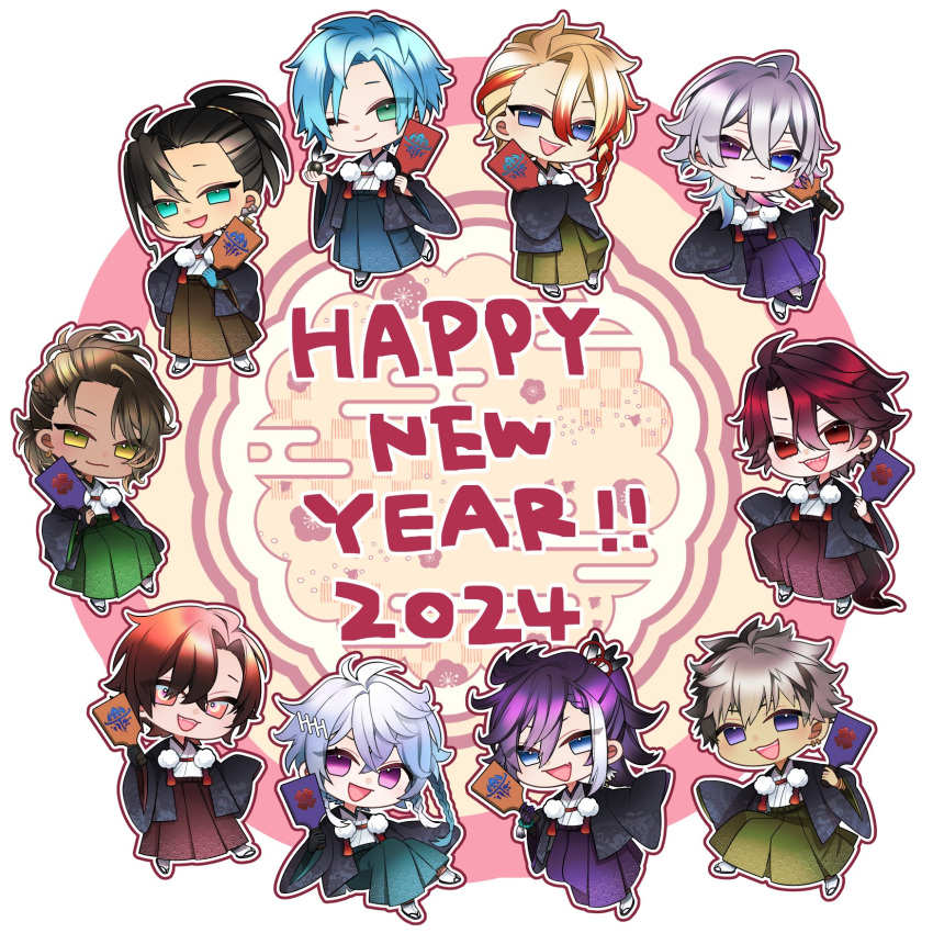 029jrr, 2024, 6+boys, androgynous, axel_syrios, banzoin_hakka, black_gloves, black_hair, blonde_hair, blue_eyes, blue_hair, brown_hair, chibi, crimzon_ruze, english_commentary, english_text, everyone, full_body, gavis_bettel, gloves, goldbullet, green_eyes, grey_hair, hair_between_eyes, happy_new_year, heterochromia, high_ponytail, highres, holostars, holostars_english, holotempus, japanese_clothes, josuiji_shinri, jurard_t_rexford, kimono, long_hair, looking_at_viewer, machina_x_flayon, male_focus, multicolored_hair, multiple_boys, octavio, one_eye_closed, outline, pink_eyes, pink_hair, pink_outline, purple_hair, red_eyes, redhead, regis_altare, short_hair, smile, streaked_hair, two-tone_hair, violet_eyes, virtual_youtuber, white_background, white_outline, yukata