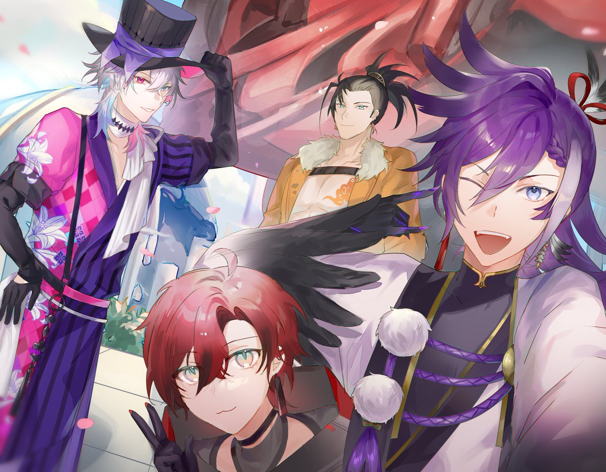4boys, :3, ahoge, banzoin_hakka, black_gloves, black_hair, blue_eyes, blue_hair