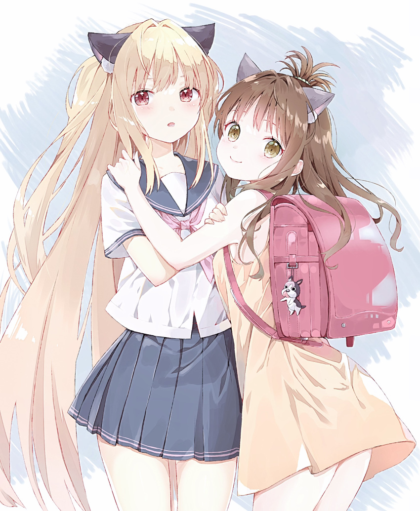 2023, 2girls, absurdres, alternate_costume, animal_ear_fluff, animal_ears, backpack, bag