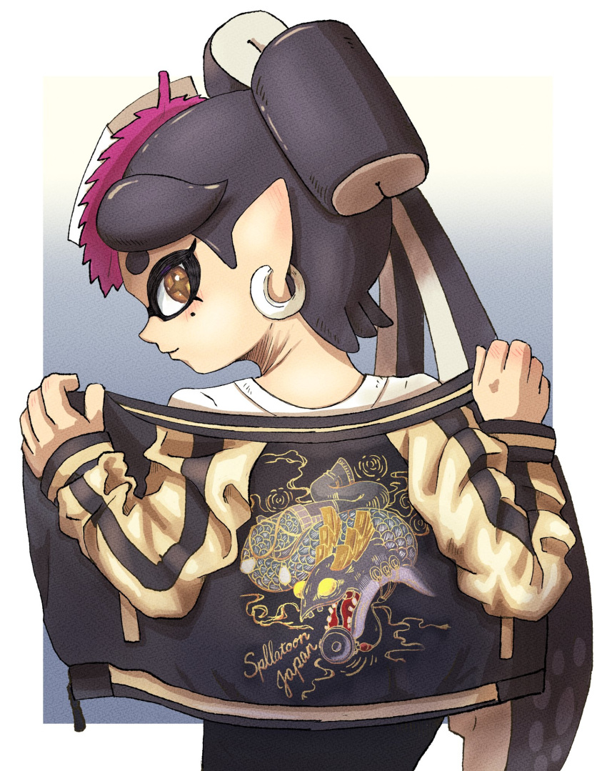 1girl, black_hair, black_jacket, border, bow-shaped_hair, brown_eyes, callie_(splatoon), closed_mouth
