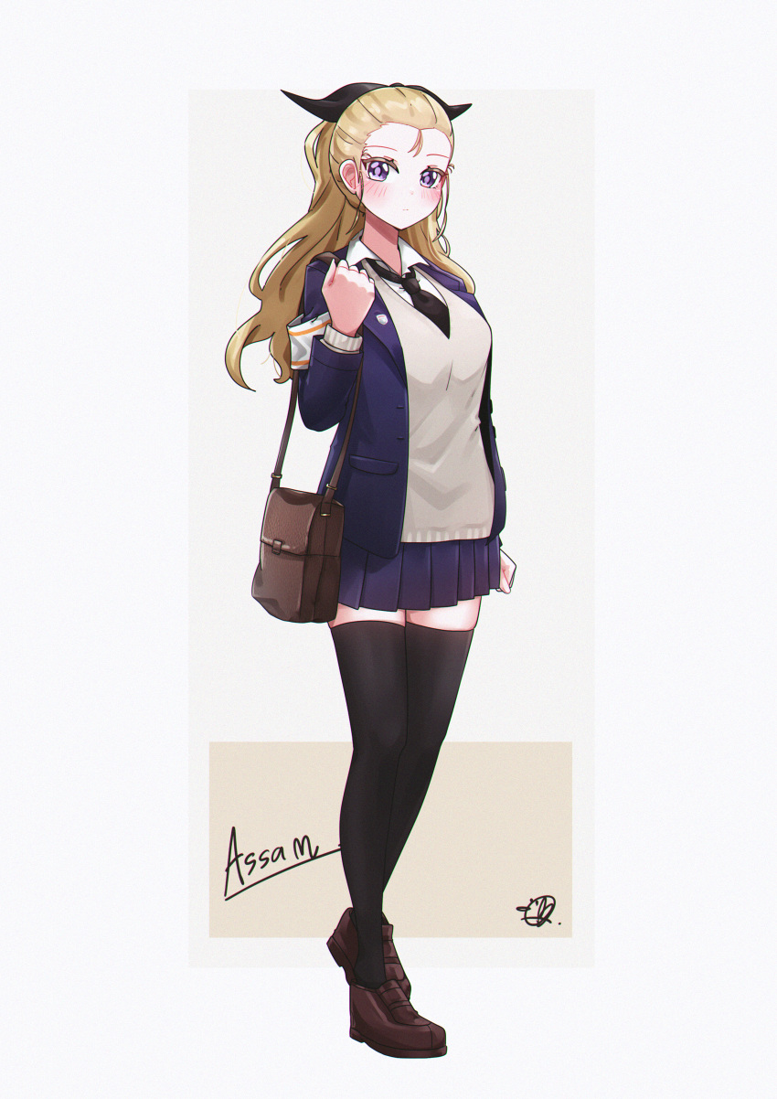 1girl, absurdres, alternate_costume, artist_name, assam_(girls_und_panzer), black_footwear, black_necktie, black_ribbon, black_thighhighs, blazer, blonde_hair, blue_jacket, blue_skirt, briefcase, carrying, character_name, closed_mouth, commentary, dress_shirt, full_body, girls_und_panzer, grey_sweater, hair_pulled_back, hair_ribbon, highres, jacket, light_frown, loafers, long_hair, looking_at_viewer, miniskirt, mizzterbii, necktie, pleated_skirt, ribbon, school_briefcase, shirt, shoes, signature, skirt, solo, standing, sweater, thigh-highs, v-neck, violet_eyes, white_shirt
