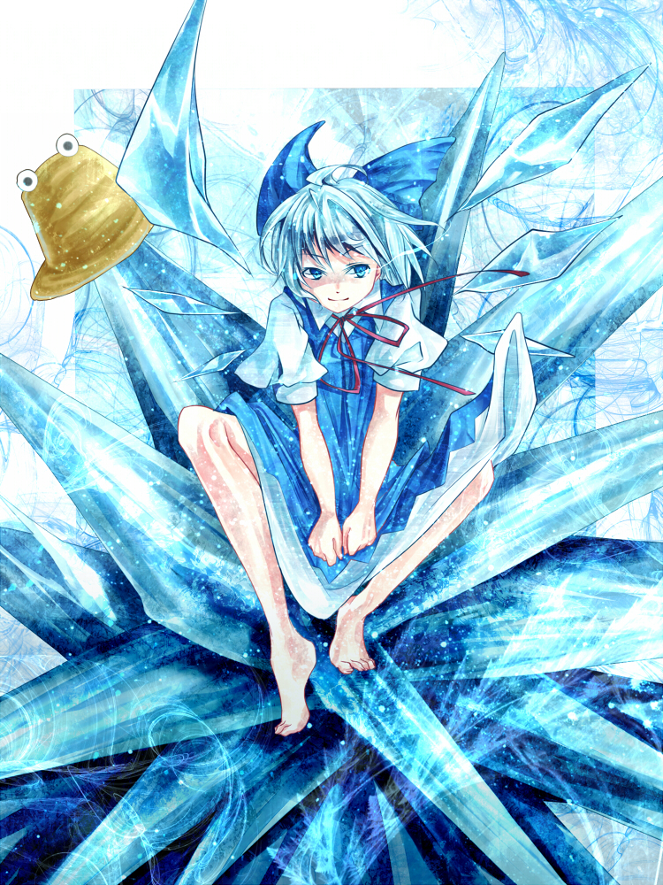 bad_id, barefoot, blue, blue_eyes, blue_hair, bow, cirno, hair_bow