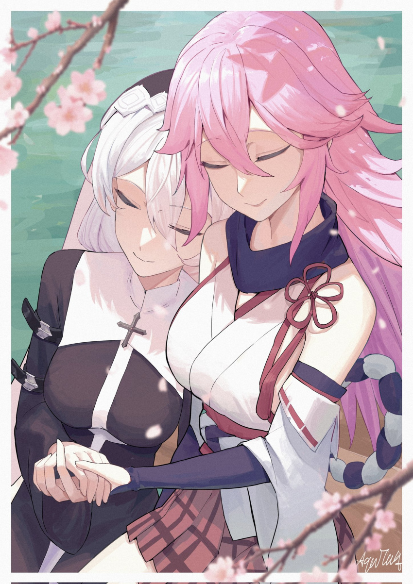 2girls, aquilar, artist_name, bare_shoulders, black_dress, blurry, blurry_foreground, cherry_blossoms
