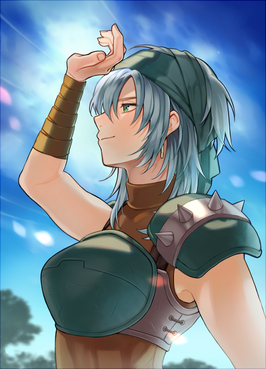 1girl, armor, blue_sky, breastplate, earrings, echidna_(fire_emblem), fire_emblem, fire_emblem:_the_binding_blade