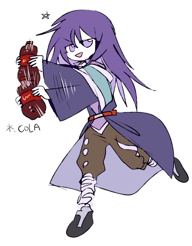 1other, androgynous, bandaged_leg, bandages, belt, brown_pants, clause_(len'en), coat, coca-cola, colored_skin, full_body, leg_up, len'en, ling_s, long_sleeves, meme, no_nose, open_mouth, other_focus, pants, purple_coat, purple_hair, purple_shirt, red_belt, shaking, shirt, simple_background, sketch, smile, soda_shake_(meme), solo, star_(symbol), violet_eyes, white_background, white_skin