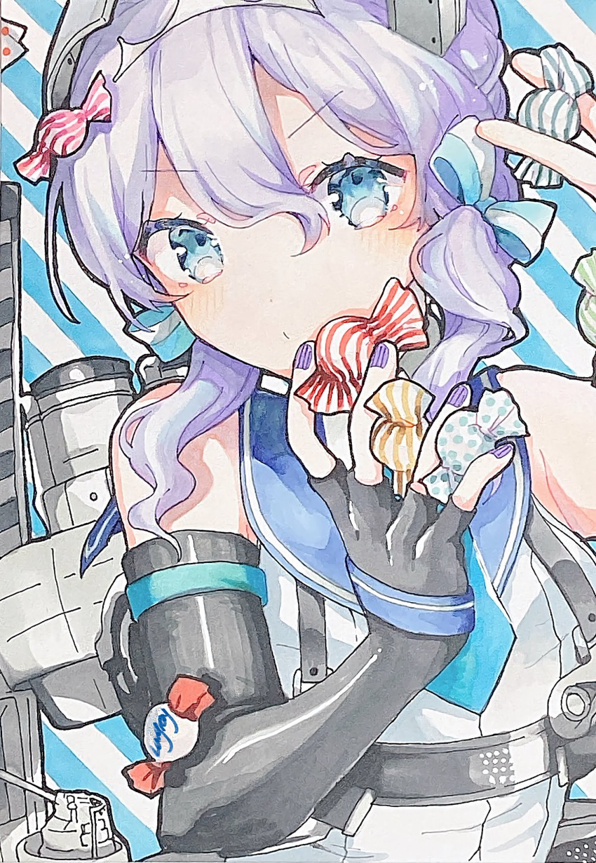 1girl, black_gloves, blue_eyes, blue_sailor_collar, blush, candy, elbow_gloves, fingerless_gloves