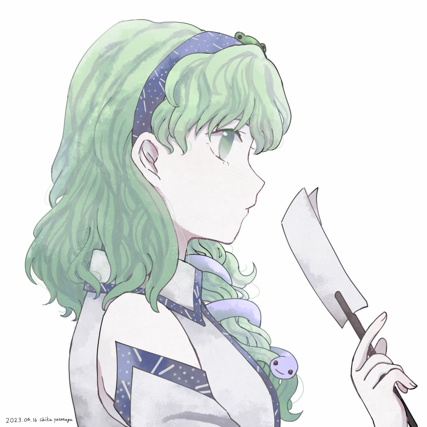 1girl, absurdres, bare_shoulders, blue_hairband, breasts, chisa_yasunaga, collared_shirt, commentary_request