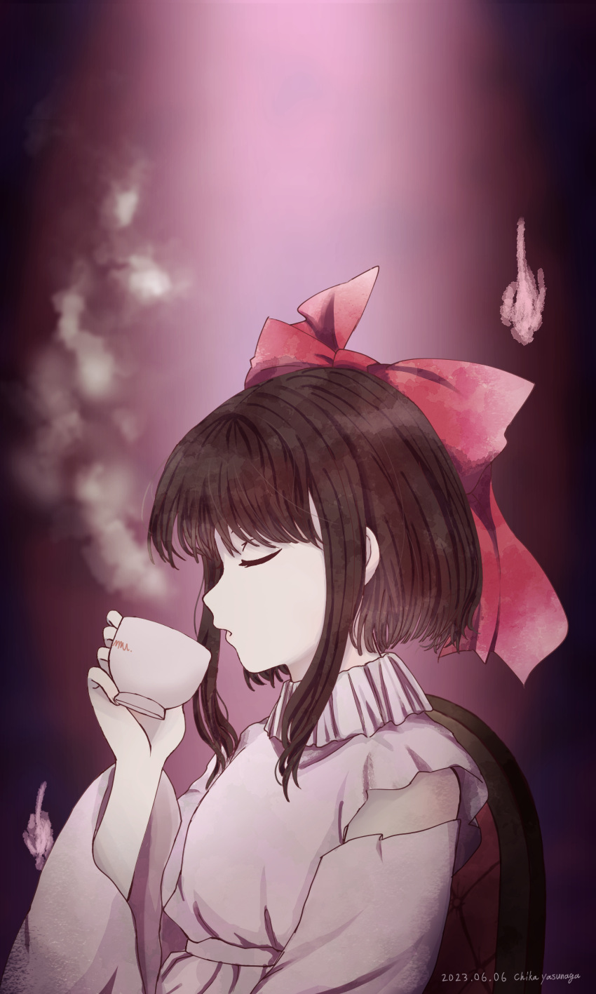 1girl, absurdres, bare_shoulders, bow, brown_hair, chisa_yasunaga, closed_eyes, cup, detached_sleeves, from_side, hair_bow, hakurei_reimu, highres, holding, holding_cup, long_sleeves, mug, parted_lips, pink_shirt, pink_skirt, pink_sleeves, portrait_of_exotic_girls, red_bow, shirt, short_hair, sidelocks, sitting, skirt, solo, touhou, upper_body, wide_sleeves